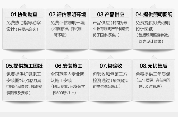 我司提供（gòng）一站式教育照明解決方案：1、免費協助指導勘察設計（隻要來谘詢）2、免費評估照明環境（根據標準，測試照明環（huán）境）3、產品供應（我司為專業教育照明產品製造商（shāng），優於國家標準。）4、免費提（tí）供燈光照明（míng）設計圖紙（包括照明照度參數，燈光設計效果）5、免費（fèi）提供燈具施工安裝圖紙（包括燈具/電線產品參數，線路安裝圖紙及要求）6、全國範圍內專（zhuān）業團隊施工安裝（團隊專業，已安裝學校500所以上（shàng））7、包驗收和包第三方檢測通過（須（xū）依據我司（sī）提供圖紙施工）8、免費提供三年質保（三年質保，有任何問題，及時解決）
